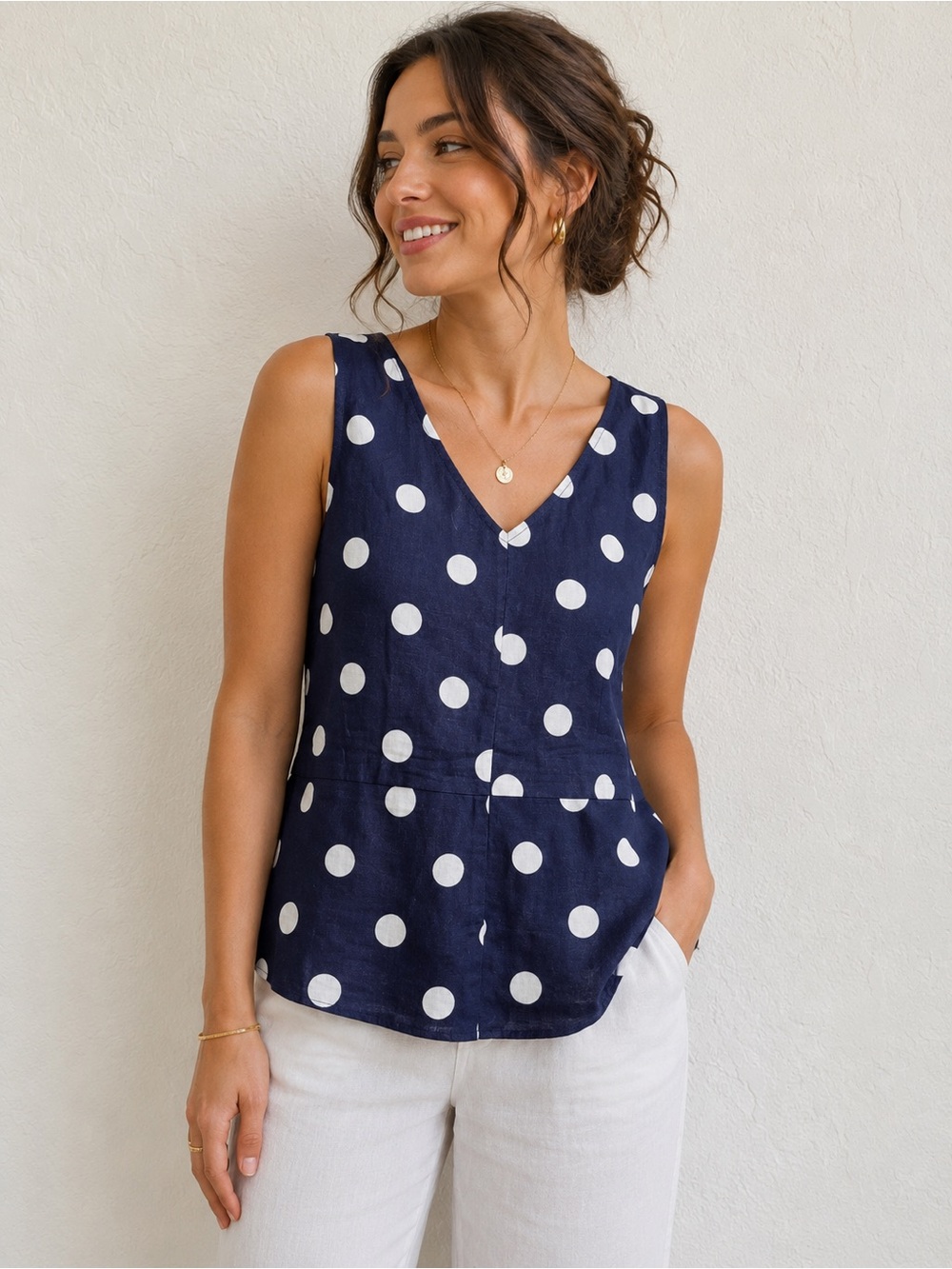 J. Crew Sleeveless Navy Polka Dot V Neck Tank Top White Dot Linen Cotton 8